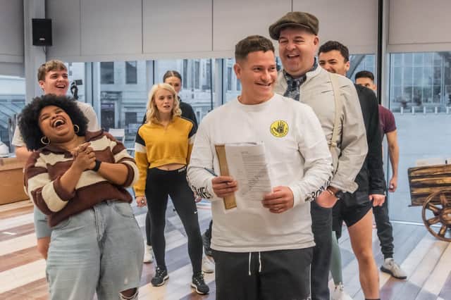 Maxwell Thorpe and the company in rehearsals for Jack and the Beanstalk. Photo by Chris Saunders