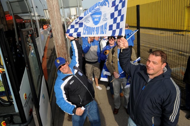 Fans getting on the bus for Wembley at Fratton Park.