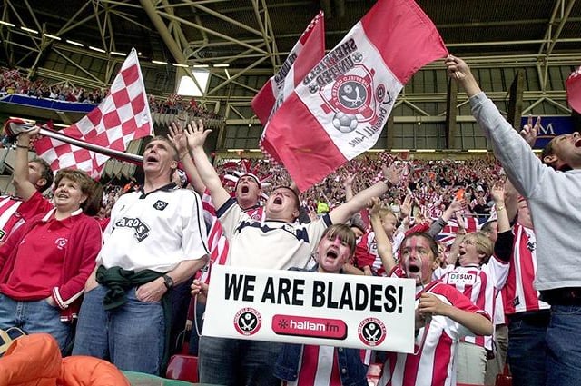 Blades fans fly the flag for Sheffield in Cardiff in the Division One play off final on May 26, 2003