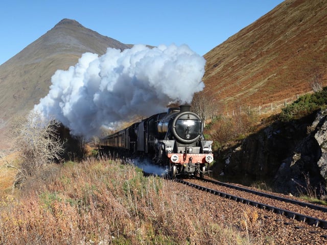 The 'returning' Jacobite bursts up County March Summit framed by Ben Dorian on the approach to Tyndrum in stunning recent autumn conditions.