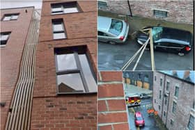 Wooden cladding ripped off a block of flats in Sheffield city centre and landed on a car as Storm Eunice battered Sheffield yesterday