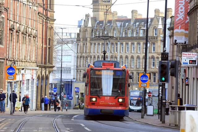 A  tram heading up Church Street, Sheffield city centre, bound for Malin Bridge