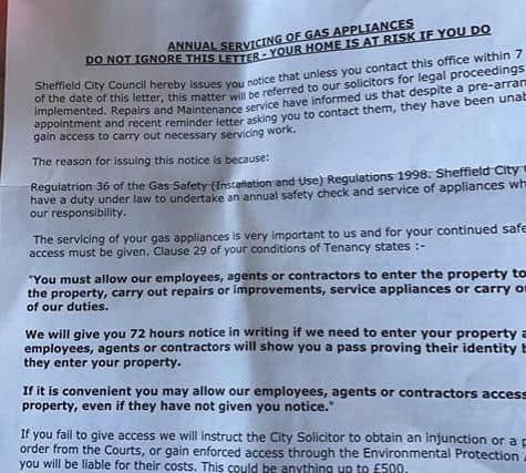 Sharron received this 'letter from the council, warning her she could face legal action if she doesn't allow her gas services to be checked.