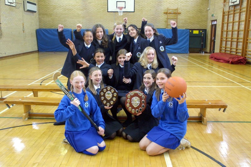 The triumphant hockey team at St Mary's School, Chesterfield, celebrate their success.