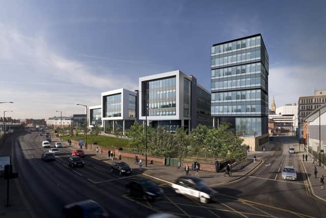 CGI of Vidrio, right, now renamed Endeavour on Sheffield Digital Campus on Sheaf Street, Sheffield.