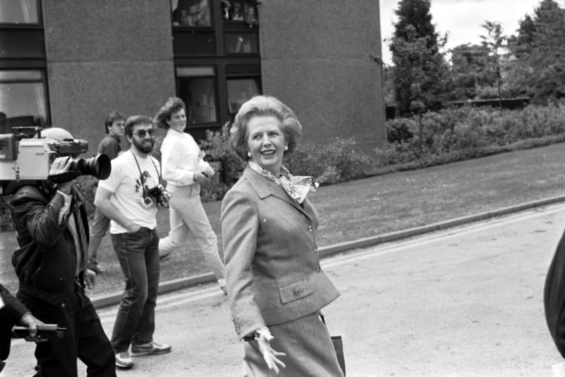 The Press shadows Prime Minister Margaret Thatcher visiting the Games village during the Edinburgh Commonwealth Games 1986, held at Meadowbank stadium.