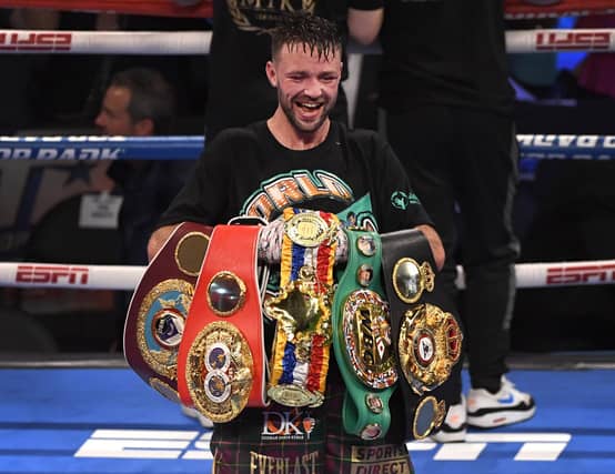 Josh Taylor poses with his title belts after his win by unanimous decision over Jose Ramirez. The five belts are from the WBO, WBA, IBF and WBC and The Ring magazine. Picture: David Becker/Getty Images