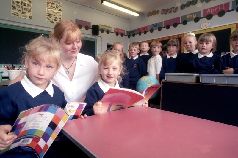 New teacher Vickie Lumsdon with new starters at Quarry View Junior School 23 years ago.