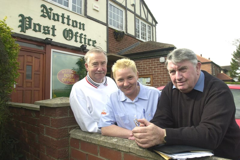 Hugh McCallum and Alan Gale Directors of the newly formed Notton Village Shop Ltd with postwoman Jill Swift in 2002
