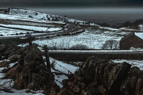 samvisuals_ posted this photo of the Cat and Fiddle road bordered by snow, saying: "Them views"