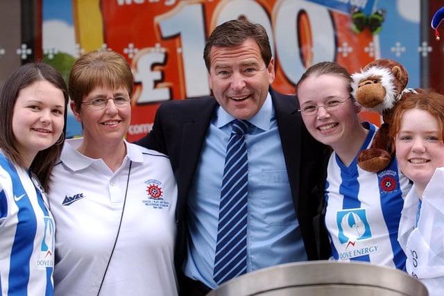 Jeff Stelling pictured with Pools fans before the game.