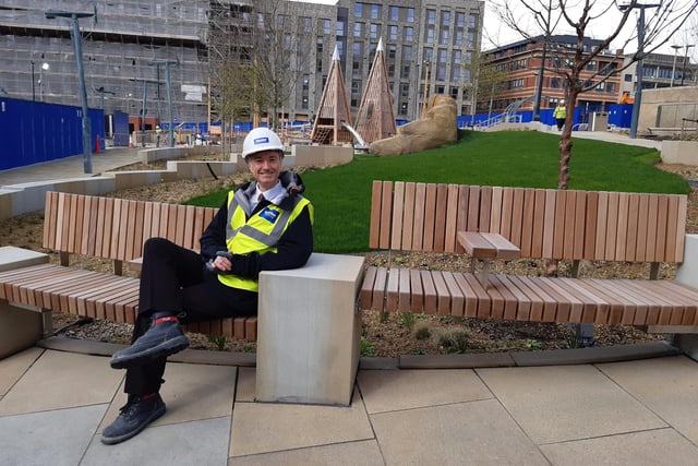 David Kessen relaxes in the seating at the new Pound's Park at Rockingham Street, set to open on Monday