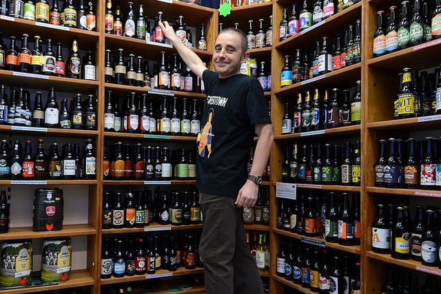 Sean Clarke at Beer Central in The Moor Market, Sheffield. Specialist bottle shops are thriving such as Beer Central, Hope Hideout and Two Thirds.