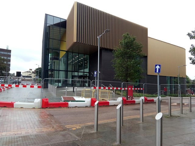 View of the under-construction Danum Gallery, Library and Museum, at Waterdale, viewed from outside the civic offices