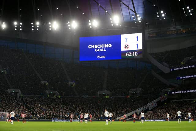 LONDON, ENGLAND - NOVEMBER 09: A screen inside the stadium displays a VAR check to a goal scored by David McGoldrick of Sheffield United during the Premier League match between Tottenham Hotspur and Sheffield United at Tottenham Hotspur Stadium on November 09, 2019 in London: Stephen Pond/Getty Images