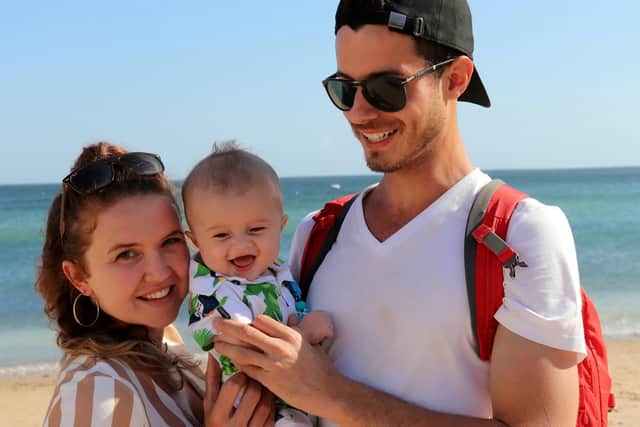 A Sheffield doctor quit work to travel for a living and now earns £6k a month - by helping others to find budget deals. Jenna Carr and Joao Paias, are pictured with their son