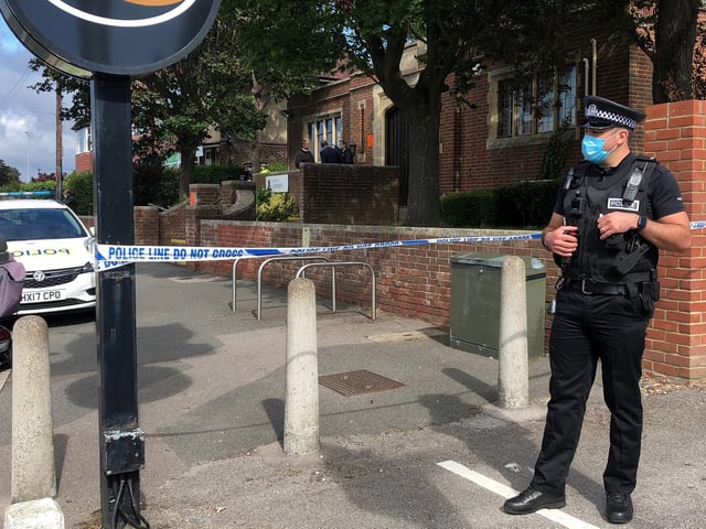 Police in Cosham after an area by the library was cordoned off this morning.