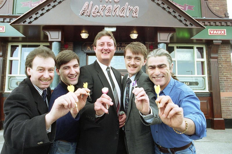 Darts superstar Eric Bristow - pictured opening The Alexandra pub on Wearside in 1992 - was one of two legends of the sport said to have played games in the village. Jocky Wilson is also said to have played in Cleadon.