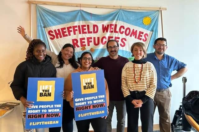 Lift the Ban campaigners and senior sociology lecturer Dr Lucy Mayblin, second right, an expert in migration issues, at a University of Sheffield event