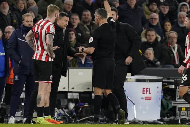 Sheffield United manager Paul Heckingbottom is shown a red card against Middlesbrough: Andrew Yates / Sportimage