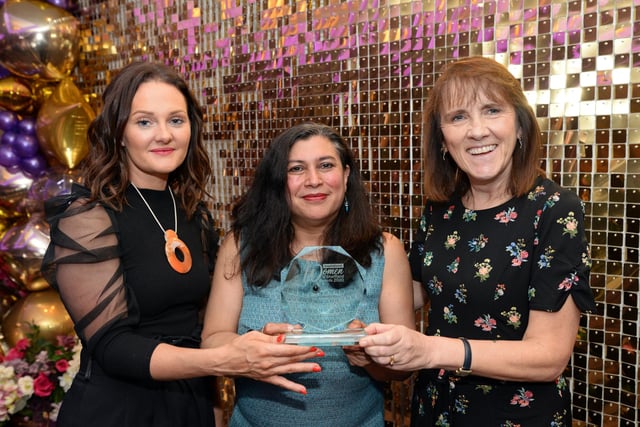 Maria De Souza, winner of the Sarah Nulty Award for Creativity, pictured with Kay Woodburn and Julie Voisey