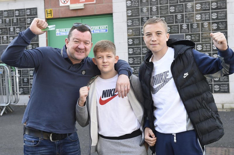 Hibs fans arrive for the first game with an unrestricted crowd since the pandemic - Thomas Purves with Shay (15) and Kyle (15)