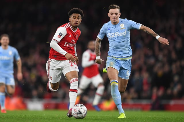 Reiss Nelson of Arsenal takes on Ben White of Leeds during the FA Cup third round match at Emirates Stadium on January 06, 2020.