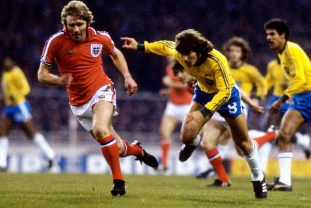 Tony Currie of England and Zico of Brazil in action during an international Friendly at Wembley: Tony Duffy /Allsport