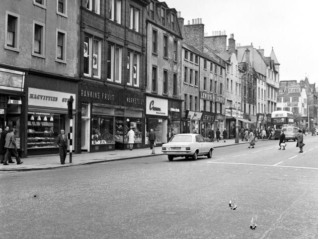 People shopping in Nicolson Street, Newington in Edinburgh October 1968 - some of the shops shown: Rankins Fruit Markets Ltd, Lewis's, MacVitties bakers.