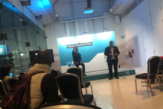 South Yorkshire Mayor Oliver Coppard at a Q&A in Sheffield, where he was grilled about topics including the future of Doncaster Sheffield Airport, cuts to bus services and the cost-of-living crisis