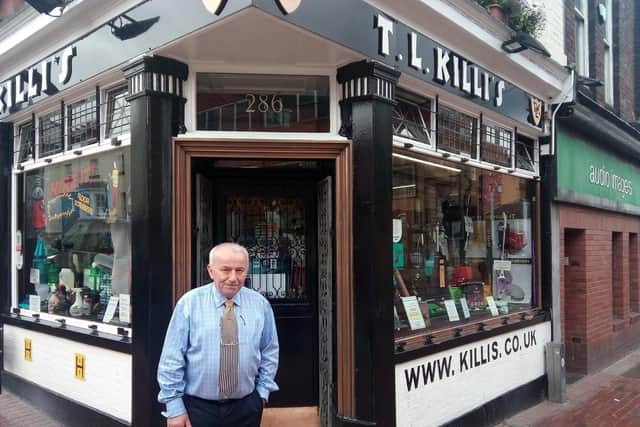 Tibor Killi outside his shop T.L Killi's on Glossop Road, in Sheffield city centre.