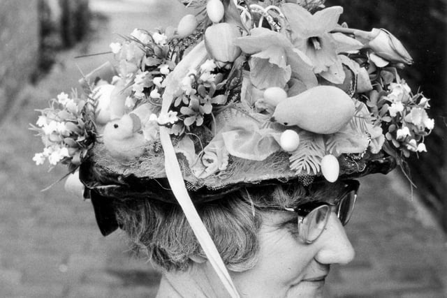 Mrs Clara Cornby, pictured in her winning bonnet, at the Easter bonnet competition at Meadow Street Hotel, Sheffield, April 1968