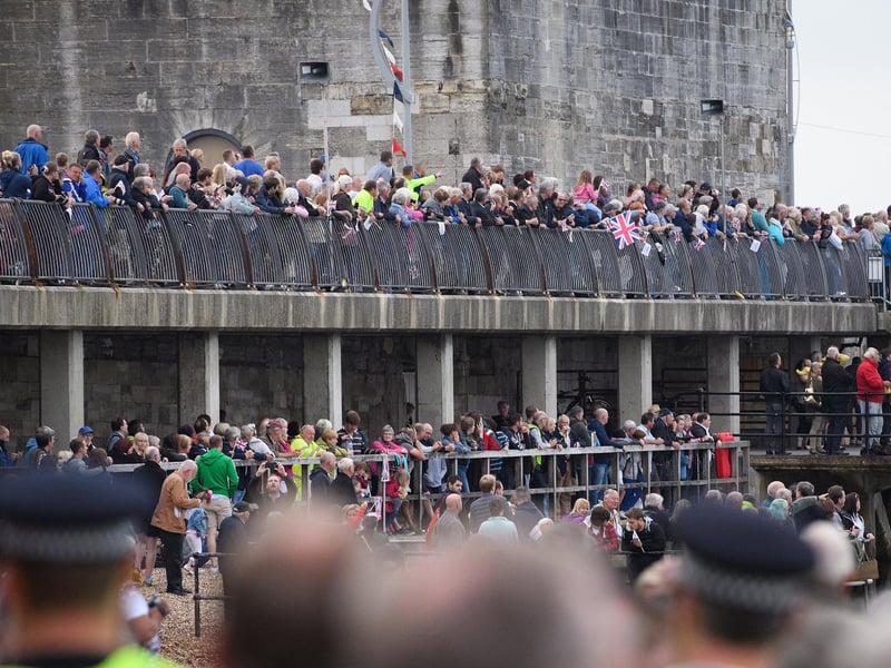 Huge crowds gathered across the city to welcome HMS Queen Elizabeth as she arrived in Portsmouth for the first time on August 16, 2017. Picture: Leon Neal/Getty Images