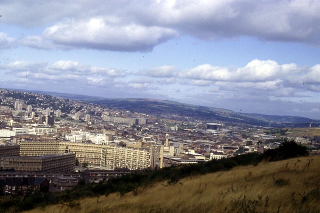View of Sheffield looking North West from Skye Edge, showing Park Hill Flats in the foreground, August 1984.