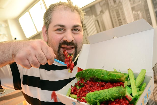 Haloween green fish and chips at the Chip Inn Chatsworth Road Chesterfield,  Kostas Christoforou pictured in 2014