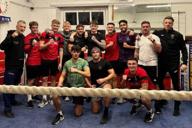 Maltby Main football club visits Sheffield Boxing Centre,  Glyn Rhodes left
