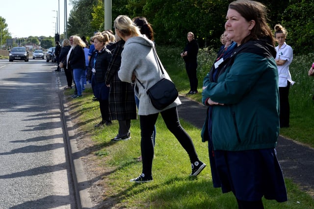 Staff at South Tyneside District Hospital wait for the cortege
