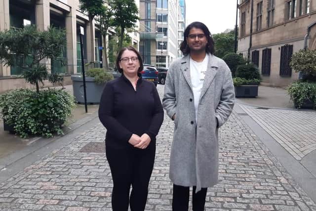 Councillors Ruth Milsom and Minesh Parekh outside Sheffield Town Hall.