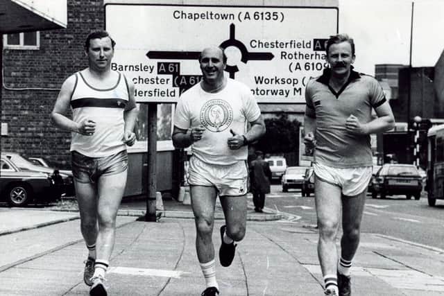 Sheffield policeman, left to right, Steve Hague, Peter Springett and Peter Black taking part in the 1986 Sheffield Marathon,
June 9, 1986