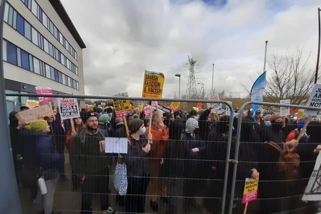 Protesters in Manvers, Rotherham, where anti-fascism protesters and anti-immigration demonstrators staged rival rallies on Saturday, February 18 near a hotel housing asylum seekers