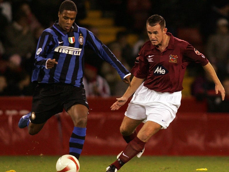 Sheffield FC vs Inter Milan in 2007. The match was played as part of Sheffield FC's 150th birthday celebrations. A crowd of 19,000 at Bramall Lane, including guest of honour Pele, saw Inter win 5-2. In this photo, Sheffield FC's Daryl Winter keeps a close watch on Inter Milan player Gomes Passos.