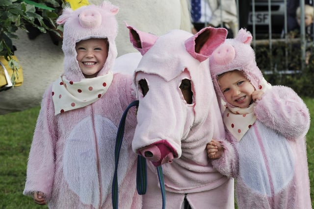 Three little pigs Emma and Daisy Scott -Watson, with Freddy, in the equine fancy dress competition