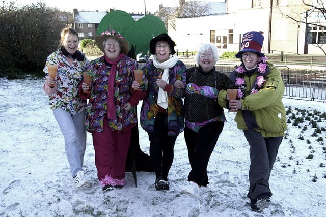 Pictured at Firth Park, Sheffield, where the Firth Park Festival Committee organised a family beach party to celebrate the millennium.  Seen  in the snow covered park are Karen Gommersall, Doreen Green, Elizabeth Gommersall, Betty Smalley, and Angela Hardy, December 2000