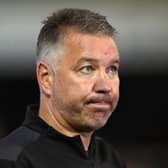 PETERBOROUGH, ENGLAND - AUGUST 28: Darren Ferguson, Manager of Peterborough United speaks to the media following the Sky Bet Championship match between Peterborough United and West Bromwich Albion at London Road Stadium on August 28, 2021 in Peterborough, England. (Photo by Harriet Lander/Getty Images)