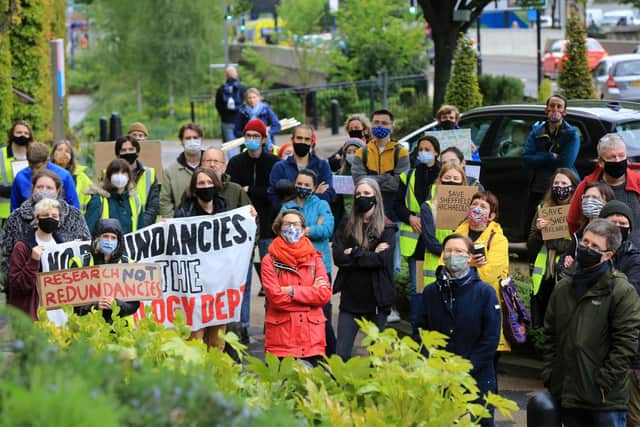 Campaigners and supporters gather in front of the University of Sheffield building to protest against the closure of Department of Archaeology. A protest against what campaigners have branded 'cultural vandalism' is planned for Wednesday, December 1
