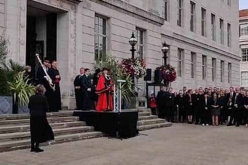 Mayor of Barnsley, Councillor Sarah Tattersall, read the historic proclamation on the steps of the Town Hall.
