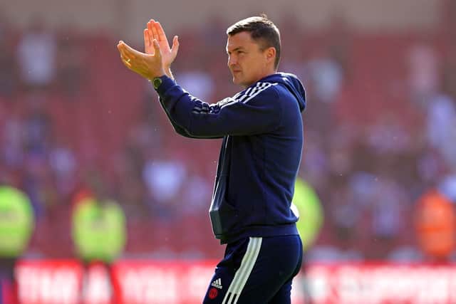 Sheffield United manager Paul Heckingbottom applauds the fans after the final whistle in the Sky Bet Championship play-off semi-final, first leg match at Bramall Lane: Martin Rickett/PA Wire.