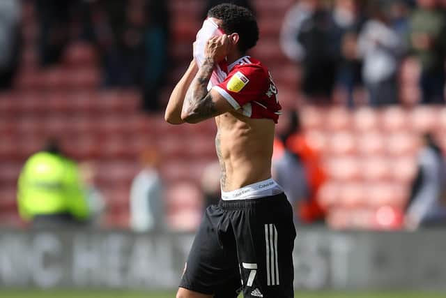 Morgan Gibbs-White of Sheffield United reacts after the draw with Bournemouth at Bramall Lane: Simon Bellis / Sportimage