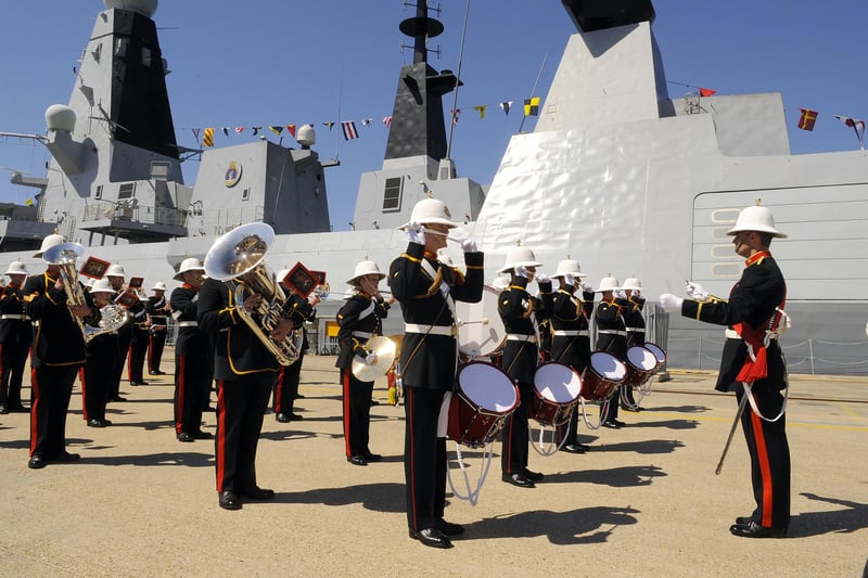 3rd June 2010. The Band of Her Majesty's Royal Marines, HMS Collingwood. 
Commissioning Ceremony of HMS Dauntless, at Victoria Jetty, Her Majesty's Naval Base, Portsmouth.
Picture: Allan Hutchings (101720-734)