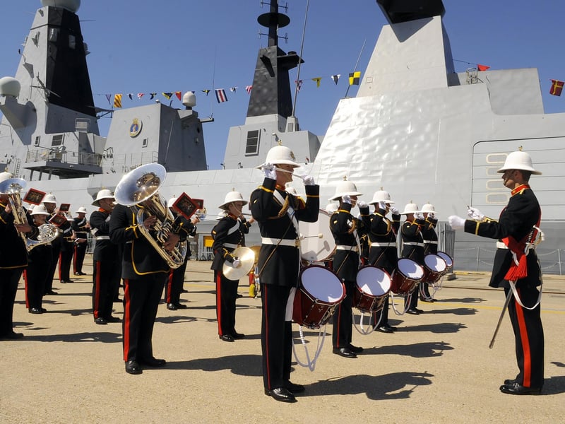 3rd June 2010. The Band of Her Majesty's Royal Marines, HMS Collingwood. 
Commissioning Ceremony of HMS Dauntless, at Victoria Jetty, Her Majesty's Naval Base, Portsmouth.
Picture: Allan Hutchings (101720-734)